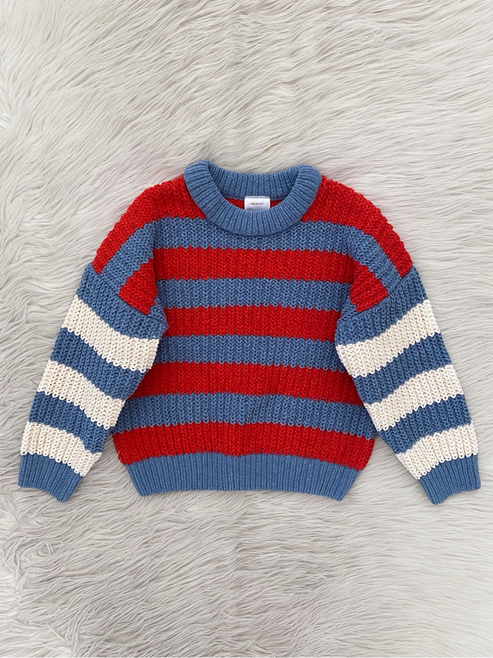 Hanna Andersson Chenille Stripe Mix Sweater Red Blue White Chunky Knit Boys 4